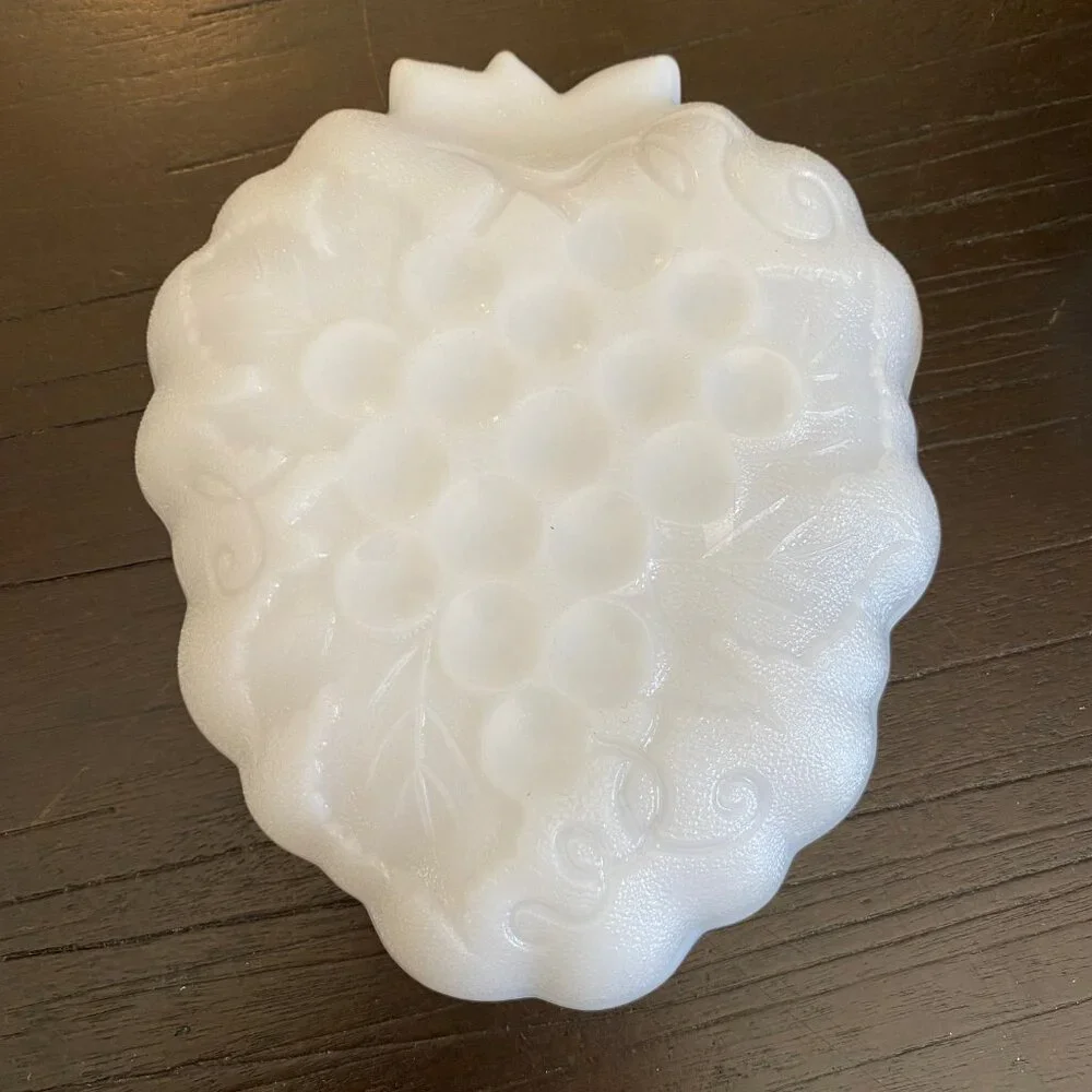 Vtg Set of 3 White Milk Glass Candy Dishes - Grape Berry Pattern‎ - Mid-Century